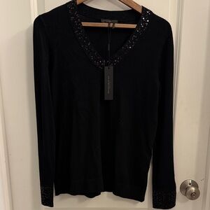 Donna Karen Black Sequin V-Neck Women's Top